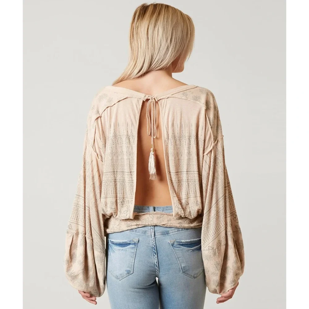 Free People Weekend Warrior Tie Waist Open Back Top Size S Hippie Boho Festival - Picture 2 of 10